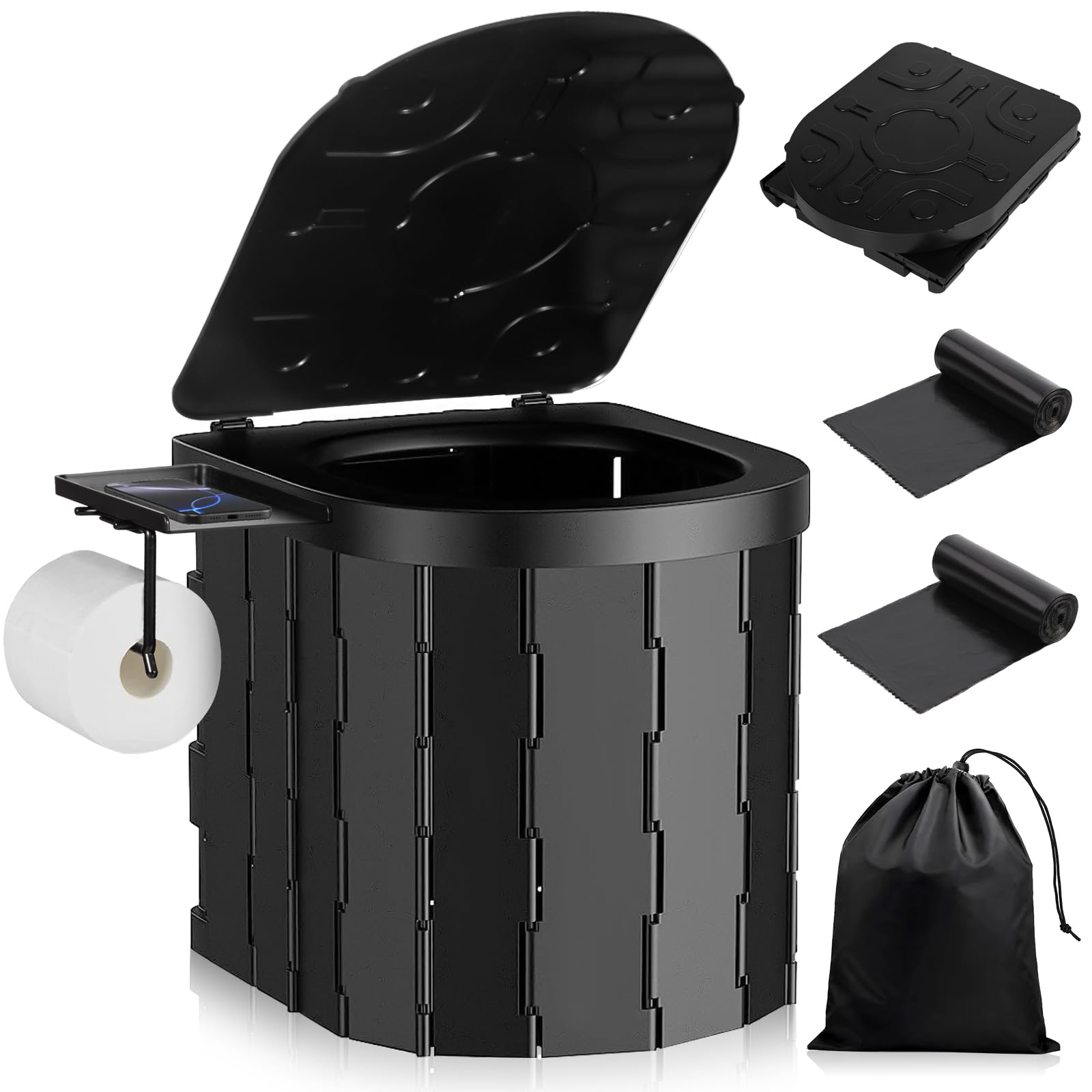 WC Portatil Inodoro Portatil Baño con Portarrollos de Papel y Bandeja Bater Portatil Adultos con 2 Rollos Bolsas de Basura y Funda Soporta Hasta 150 kg para Camping,Atascos de Tráfico