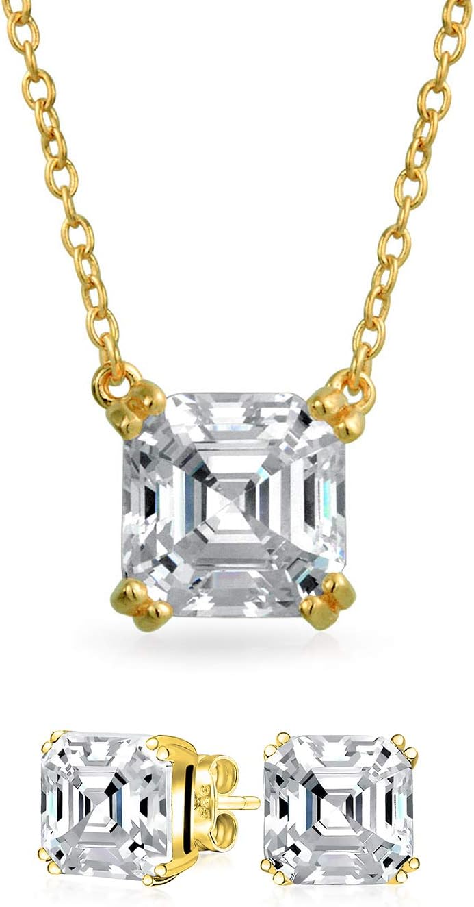 Classic Bridal Jewelry Set 2-4 CTW Solitaire Square Cubic Zirconia AAA CZ Royal Asscher Cut Drop Stud Earrings Pendant For Women Rose 14K Yellow Gold Plated .925 Sterling Silver