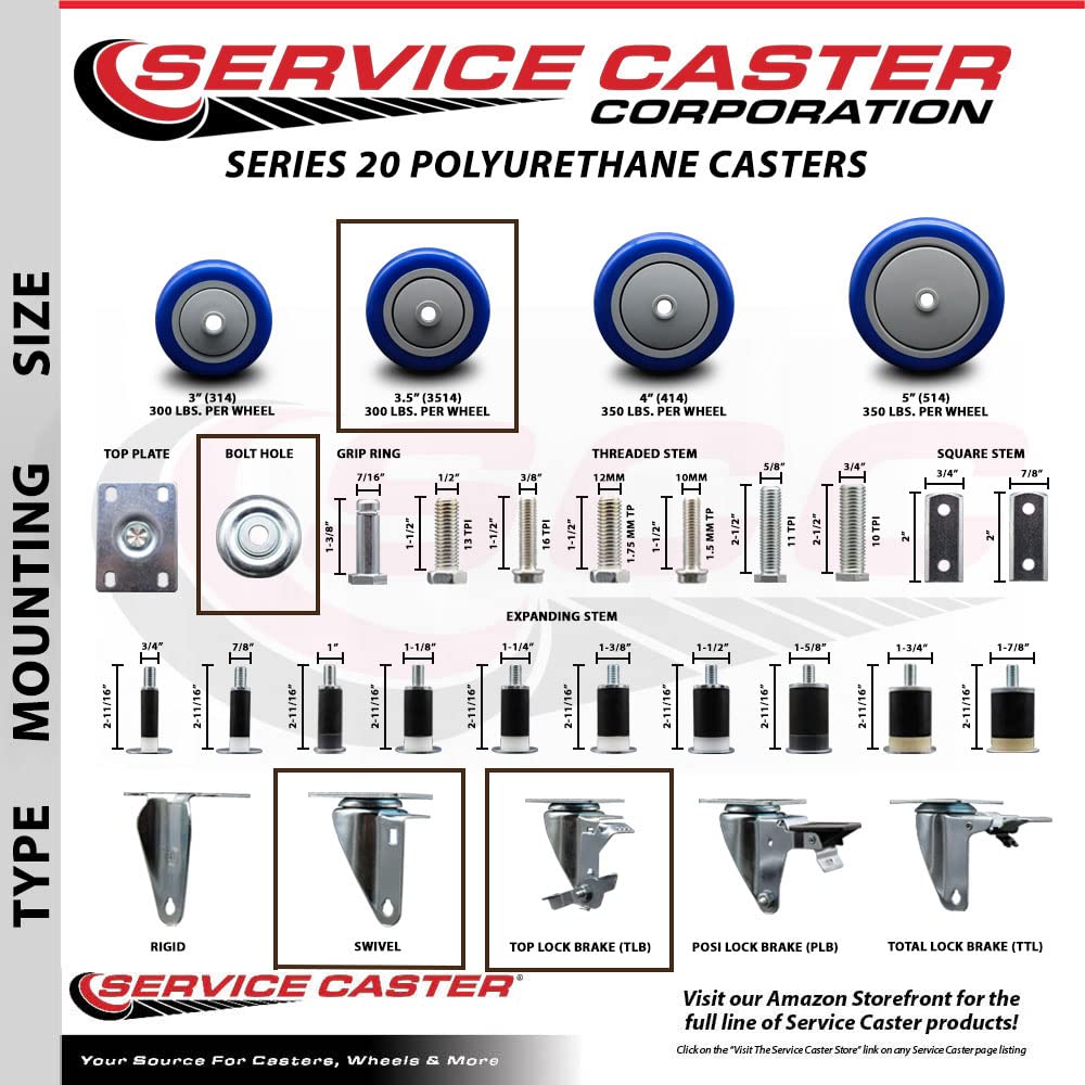 Polyurethane Swivel Bolt Hole Caster w/3.5" x 1.25" Blue Wheel & Top Locking Brake - 300 lbs Capacity/Caster - Service Caster Brand