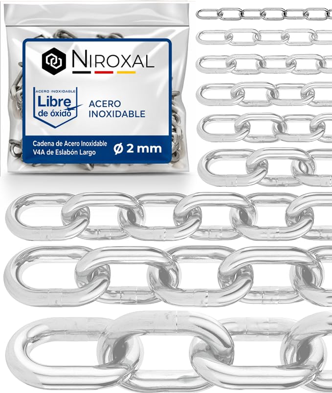 Cadena de acero inoxidable A4 de eslabón corto DIN 766 / DIN 5685 – 16 mm x 4m – 1 unidad – para suspensiones pesadas