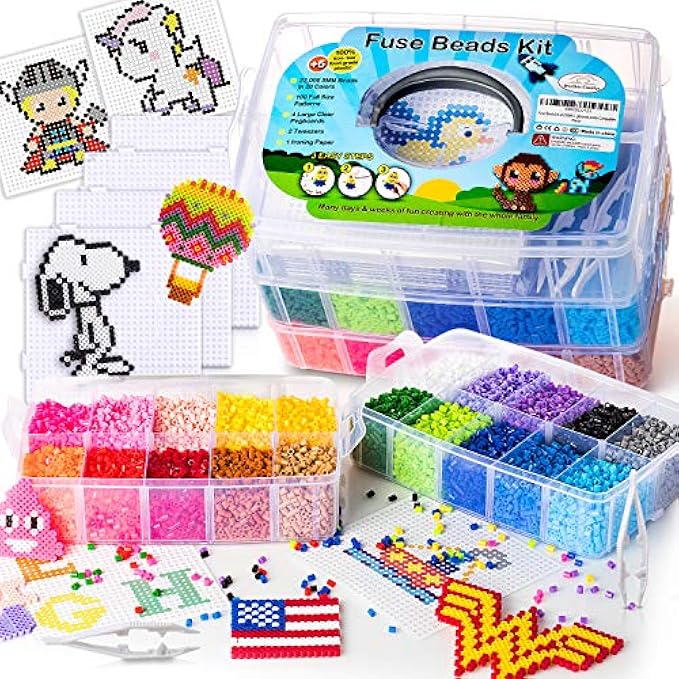 22,000 Melting Bead Kit 5mm, 100 Patterns 4 Peg Boards 2 Tweezers Perler Bead Kit Compatible Hama Beads Melting Beads Iron Beads Craft Beads Bulk Beading Set Storage