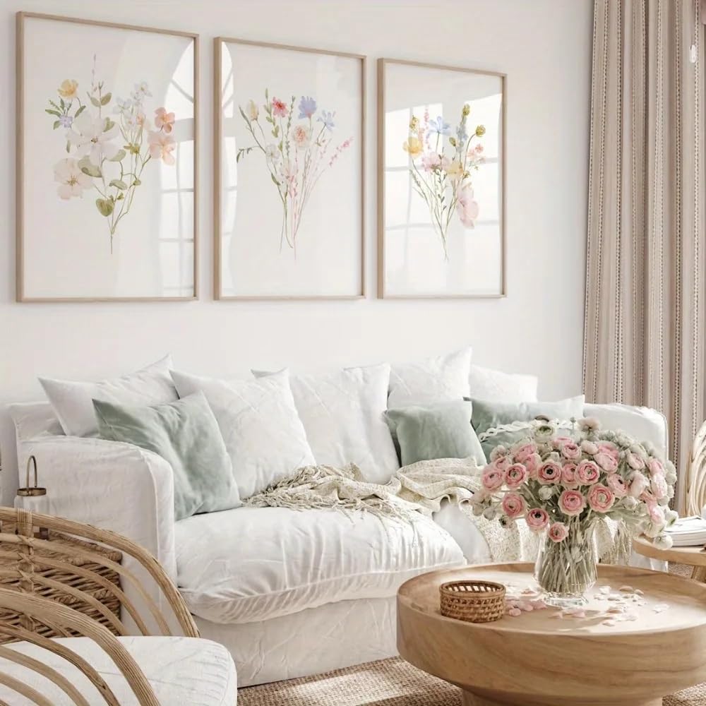 LTjiajuypd Retro Poster,Pastel Floral Art Printing Wildflower Bouquet Canvas Painting Decor For Living Room(30x40cm-3Pcs)