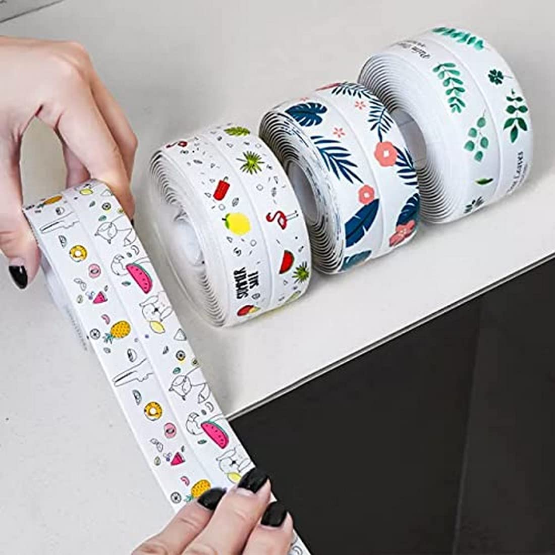 Krishna Zone Oil Proof Caulk Tape Strip PVC Self Adhesive Caulking Sealing Tape for Kitchen Sink Platform Toilet Bathroom Shower and Bathtub, 3.2m*3.8cm (Multi Print -1pcs) 2
