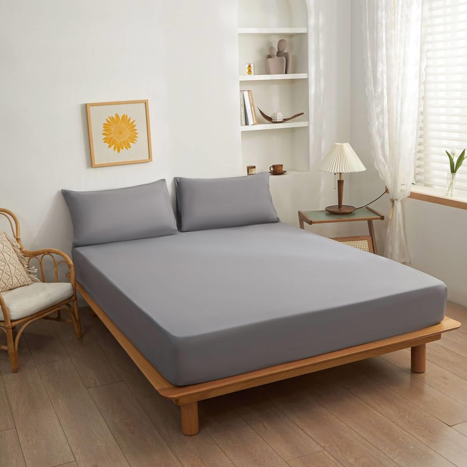 Epinki Deep Pocket Fitted Sheet, Small Double, 120x200cm, 27 cm Deep, Grey, Polyester Solid Color Bed Sheet