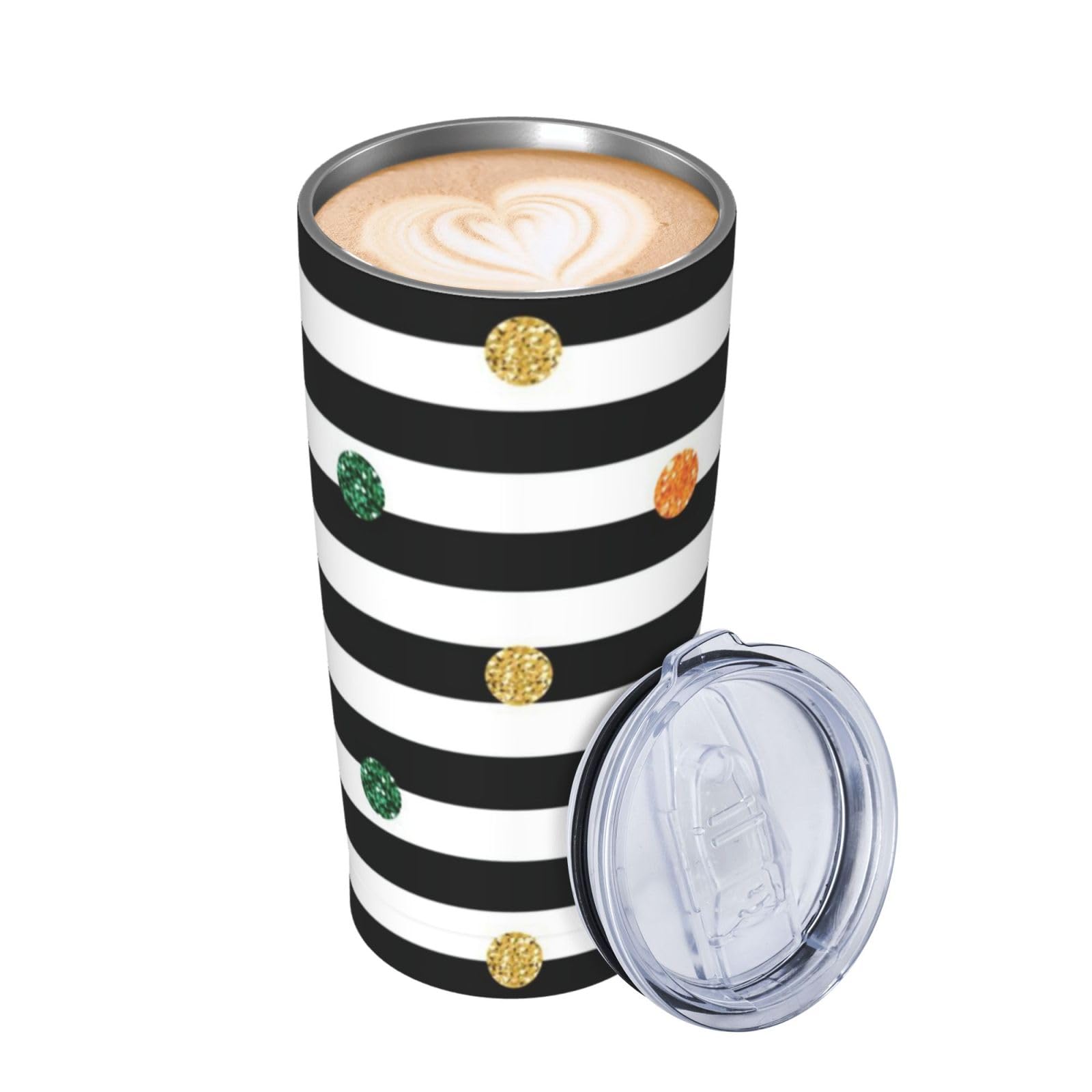 Tazza termica portatile in acciaio inox con stampa a pois arcobaleno glitterata in bianco e nero