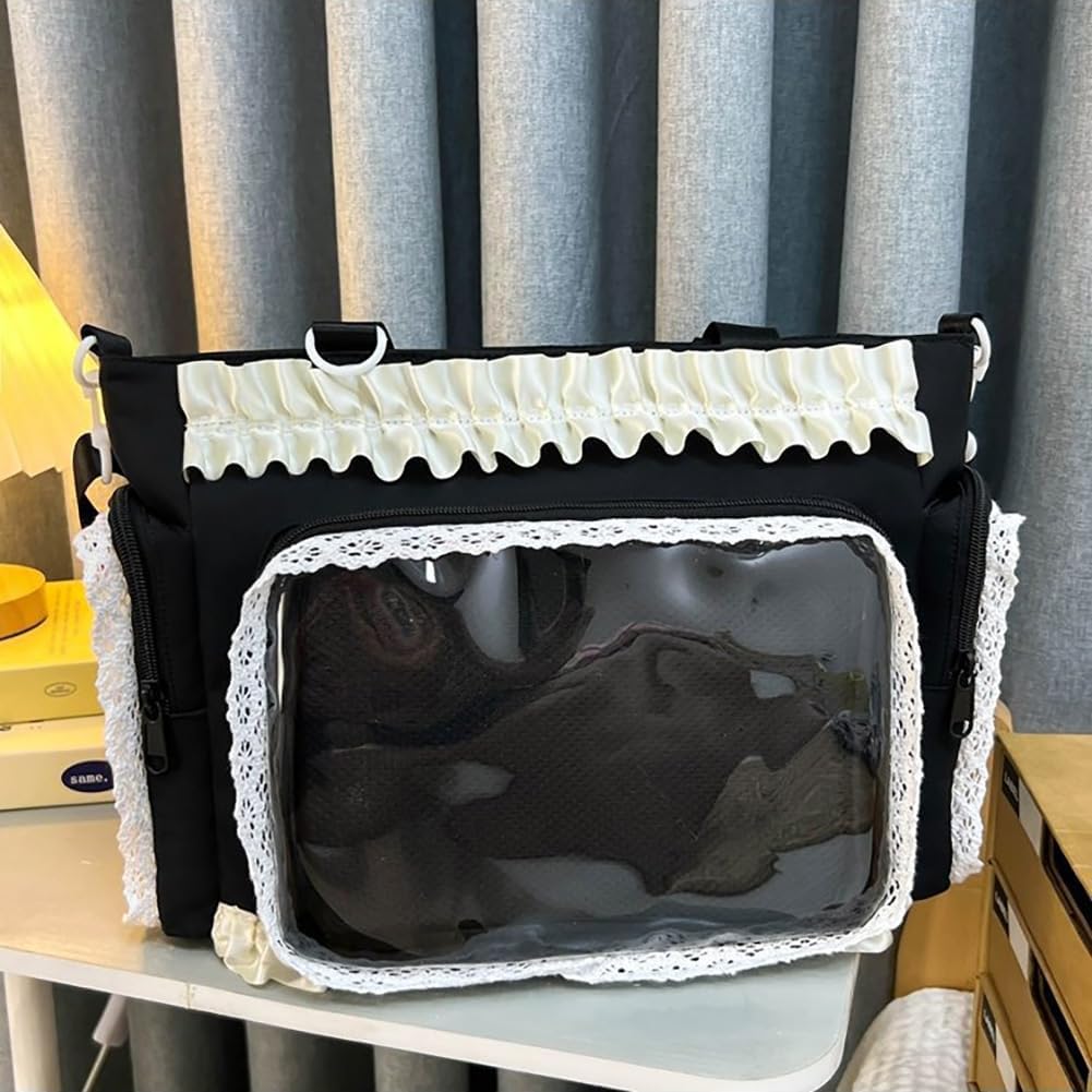 Kawaii Ita Bag with Clear Display Window, Soft Lace Ruffle Trim Shoulder Purse,Multi-Pocket Crossbody Tote for Anime Cosplay