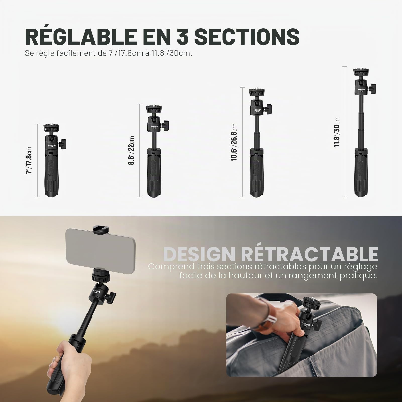 NEEWER Mini Perche à Selfie Bureau Trépied Compatible avec iPhone,GoPro,Insta360,DJI,avec 360°Rotule et Axe Central Élevé,Support Portable en Métal pour Caméra,Webcam,Téléphone Portable,Vlog,TP43 Noir