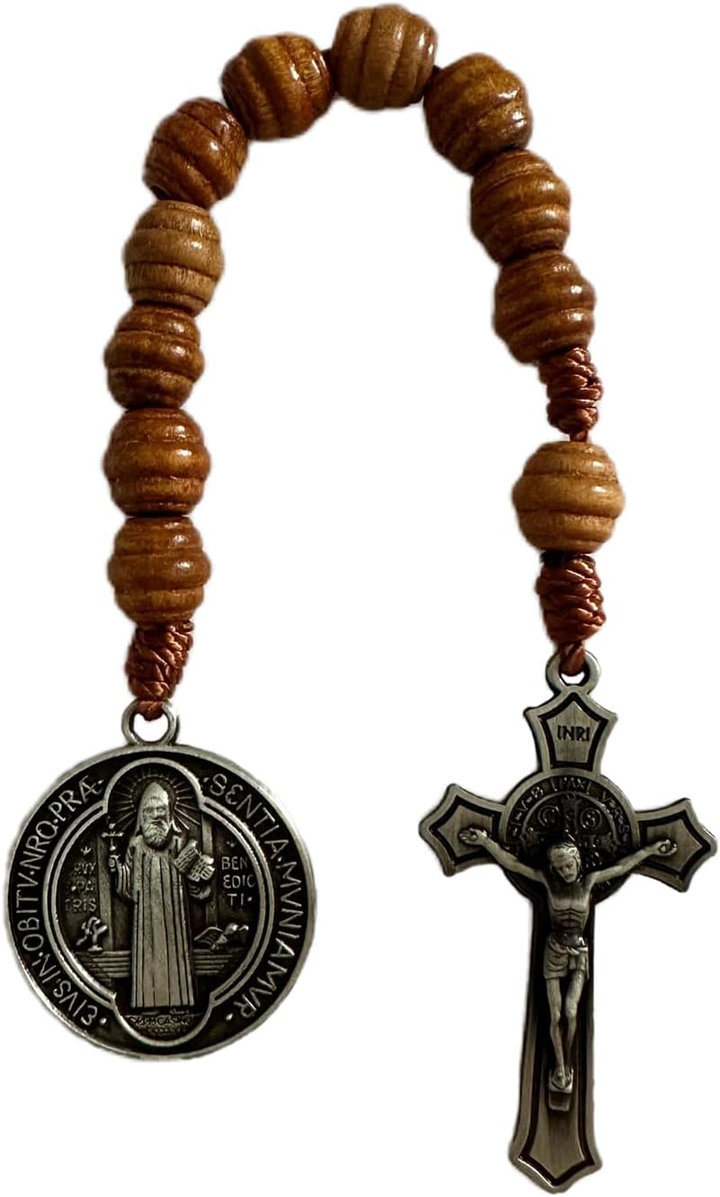 Bovemee Saint Benedict Medal Prayer Pocket Rosary Catholic Brown Wood Beads with Medalla de san benitol and Crucifix, 9 Inch