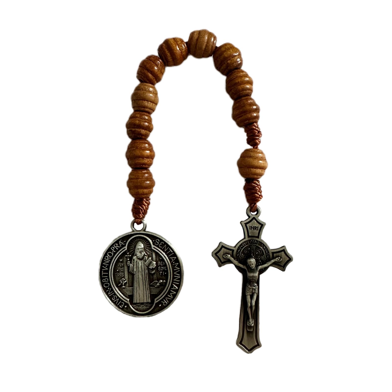 Saint Benedict Medal Prayer Pocket Rosary Catholic Brown Wood Beads with Medalla de san benitol and Crucifix, 9 Inch (Antique Silver)