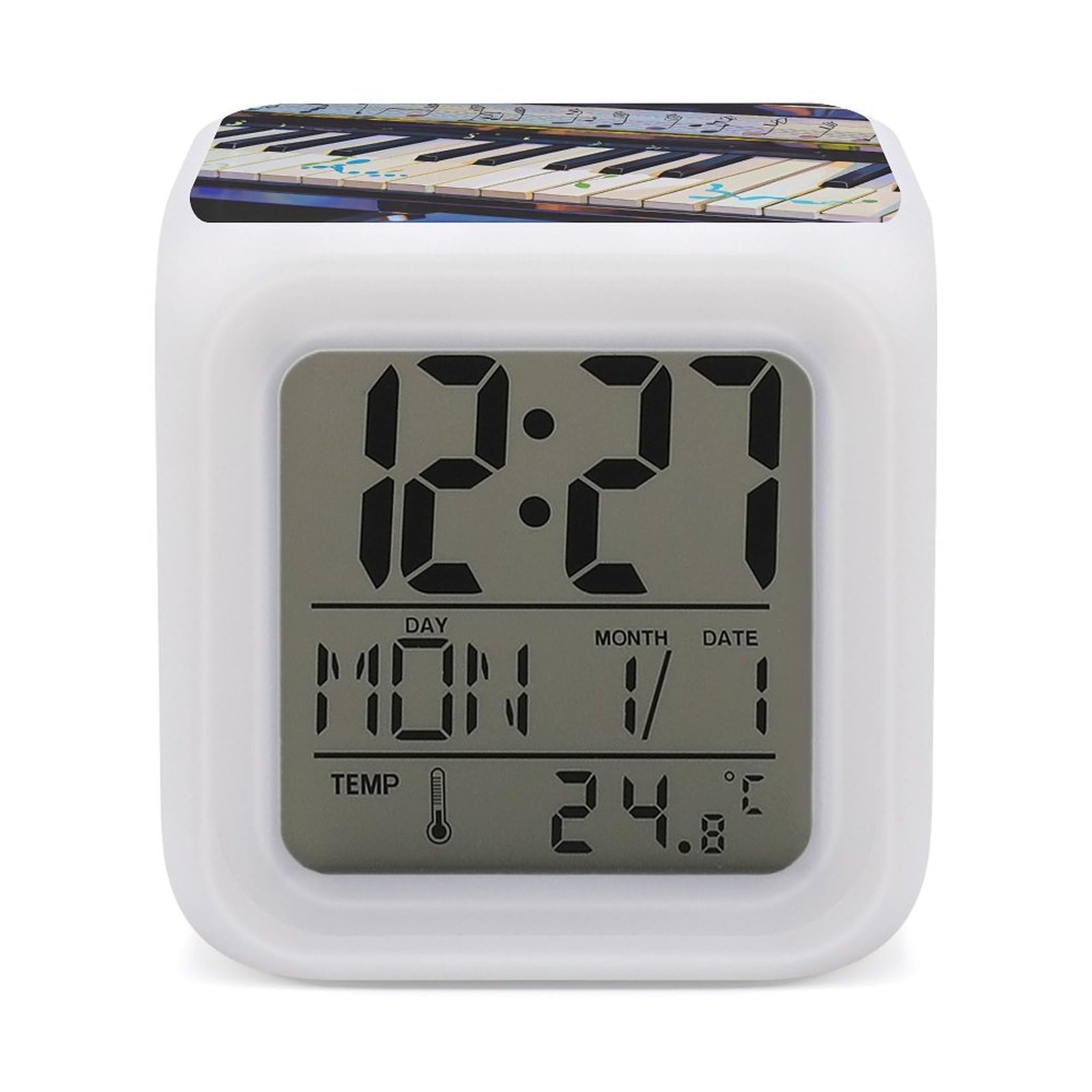LZQPOEAS Piano Keys with Note Patterns Alarm Clock Desk Clock with 7 Color Changing Night Light Digital Clocks with Temperature Display Sleep Training and Sound Machine for Heavy Sleeper