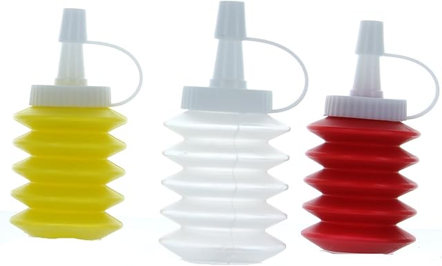 PLASTIC SQUEEZY SAUCE BOTTLES  Pack of 3 | Squeeze Travel Bottles With Nozzle Lids For Condiments | Perfect For Ketchup, Worchester, Soy, Olive Oil, Lemon, Pancakes, Water | Fun Mini Design For Kids