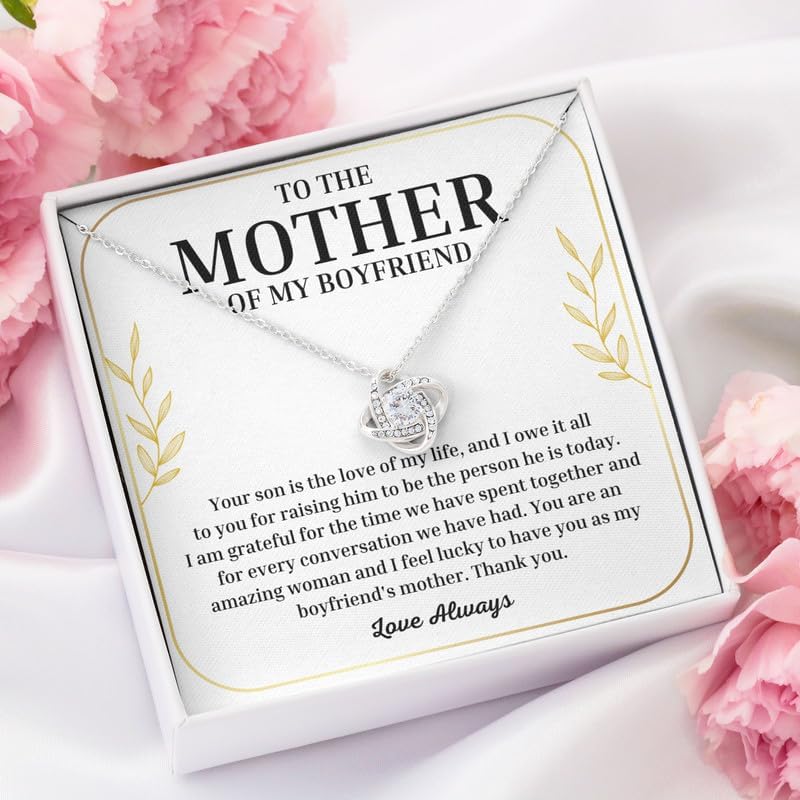 To My Boyfriend's Mom Necklace Message Card Box Love Knot Silver Standard - I Am Grateful For The Time - Relationship Jewelry Aunt Stepmother Valentine