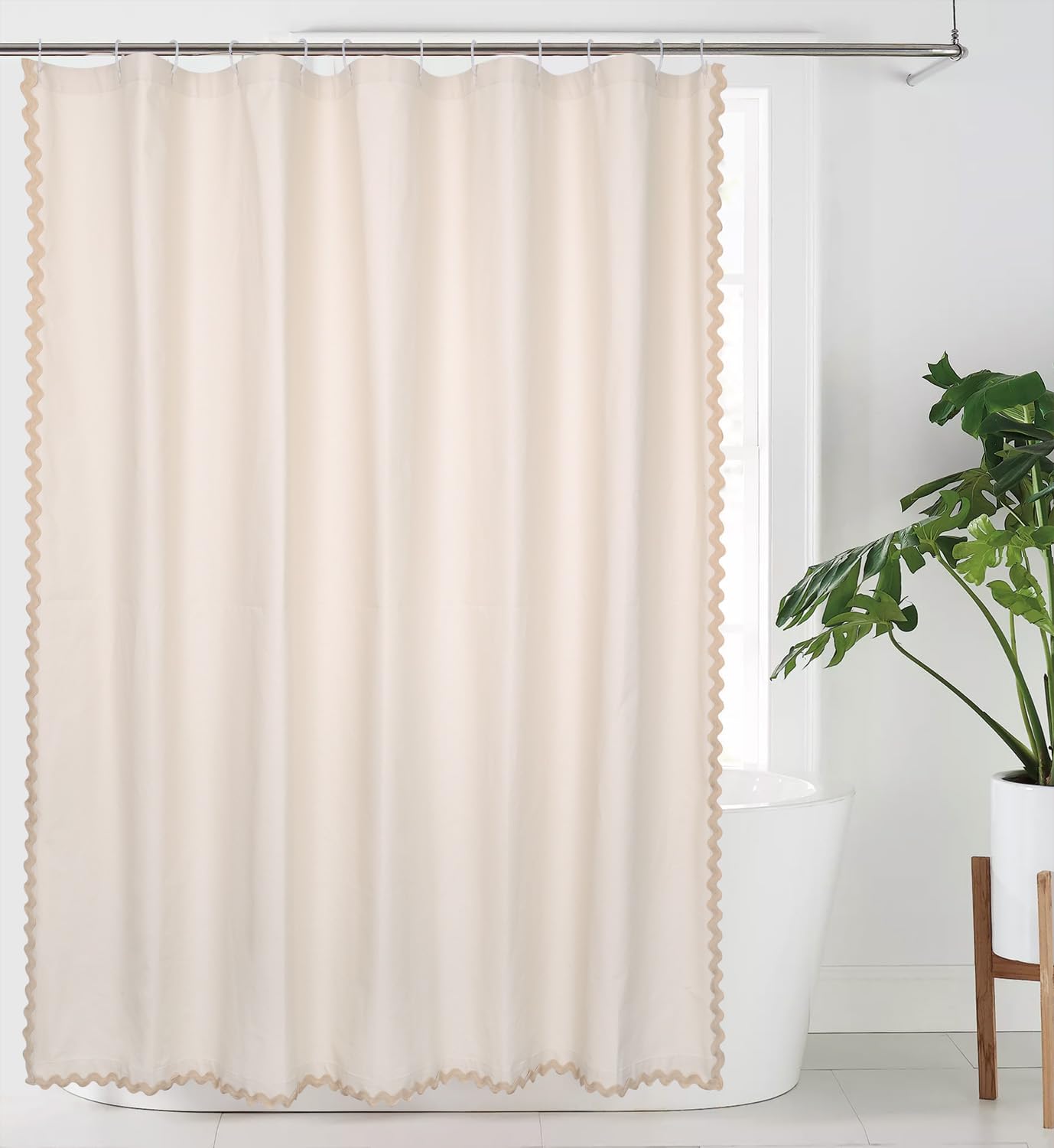 YINFUNG Scalloped Shower Curtain Beige Linen Cotton Bathroom Curtains Textured Thick Heavy Duty Cloth Hotel Rustic Girly Neutral 72x72