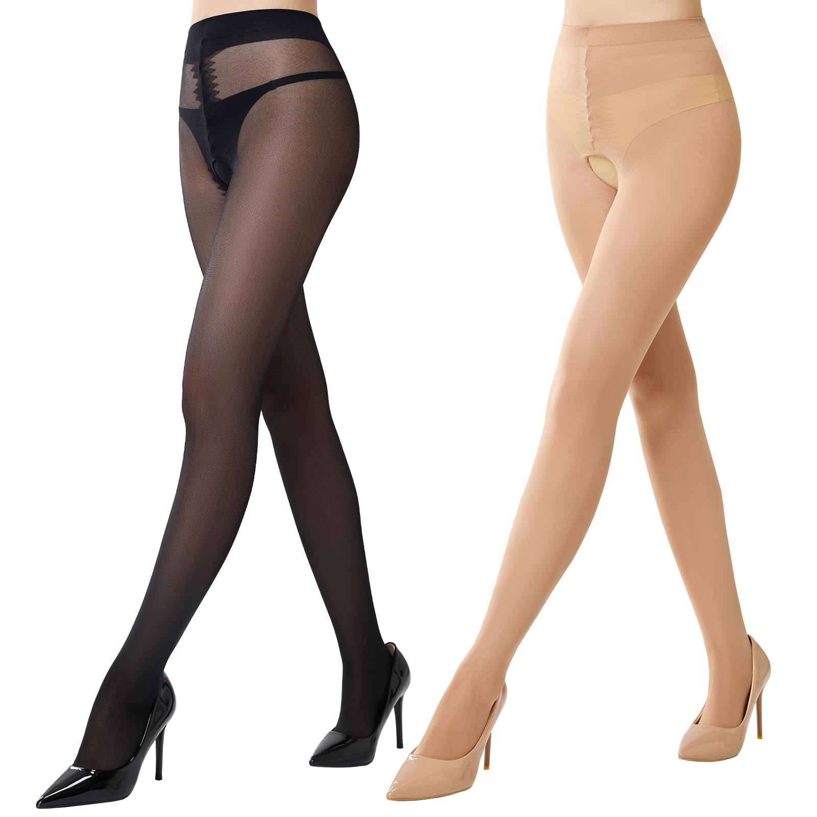 Manzi Women's Black+Natural Sheer Tights Pretty Cool Gusset Free Pantyhose 40D L-Xl