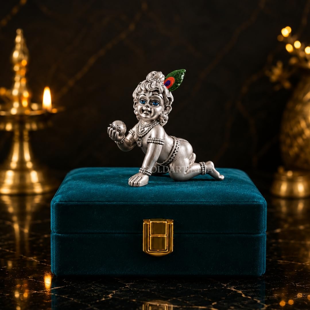 Gold Art India Silver-Plated Matte Bal Krishna Idol – 3.5 Inch Laddu Gopal Murti for Home Temple, Office Decor & Gifting – Handcrafted Divine Statue-image-23