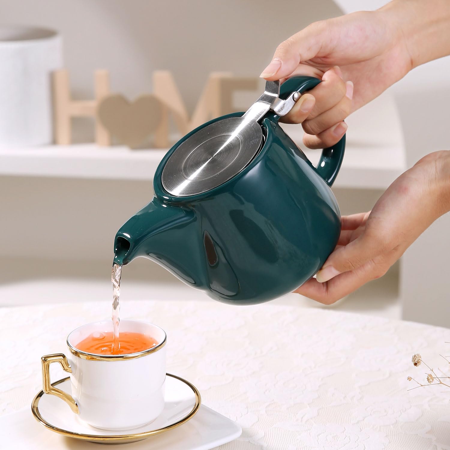 Tetera de cerámica con infusor de acero inoxidable para té suelto y té floreciente, tetera de cerámica resistente al calor y tetera de té, perfecta tetera verde, 500 ml