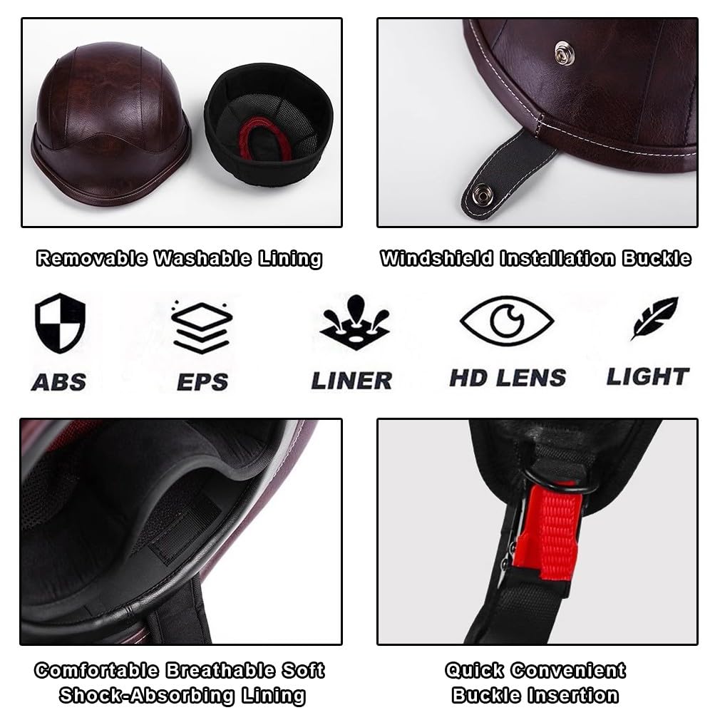Niemiecki kask motocyklowy, skórzany, półskorupowy, z certyfikatem ECE, kask z maską i okularami, wyjmowana wyściółka wewnętrzna, rozmiar M ~ XL, 57 ~ 62 cm