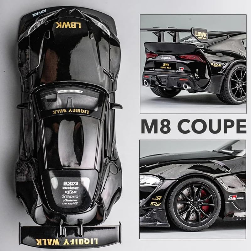 Image of PINQUE Kids New Toyota Supra GR LBWK 1:24 Diecast Alloy Metal Pull Back Car With Openable Doors, Music, Sound and Light - Vehicle Toy for Boys (Black)