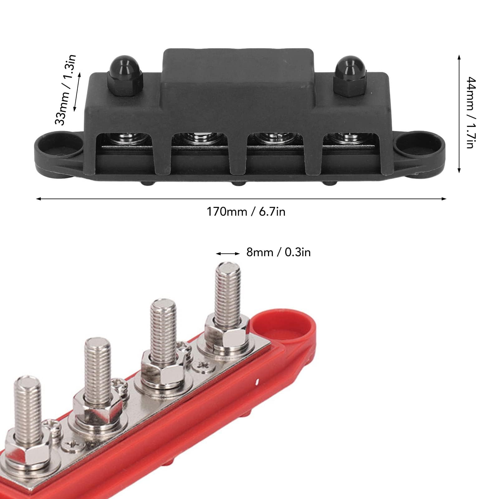 2Pcs Blocco di Distribuzione Alimentazione Rosso M8 48V 250A Barra del Bus con 4 Terminali e Scheda in Ottone per Sistemi di Alimentazione CC