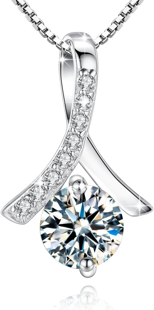 Jessibox Silver Women Necklace Girls Round Pendant Ribbon Shaped Brilliant 925 Sterling Silver Cubic Zirconia for Valentine’s Gifts Birthday Gift Package