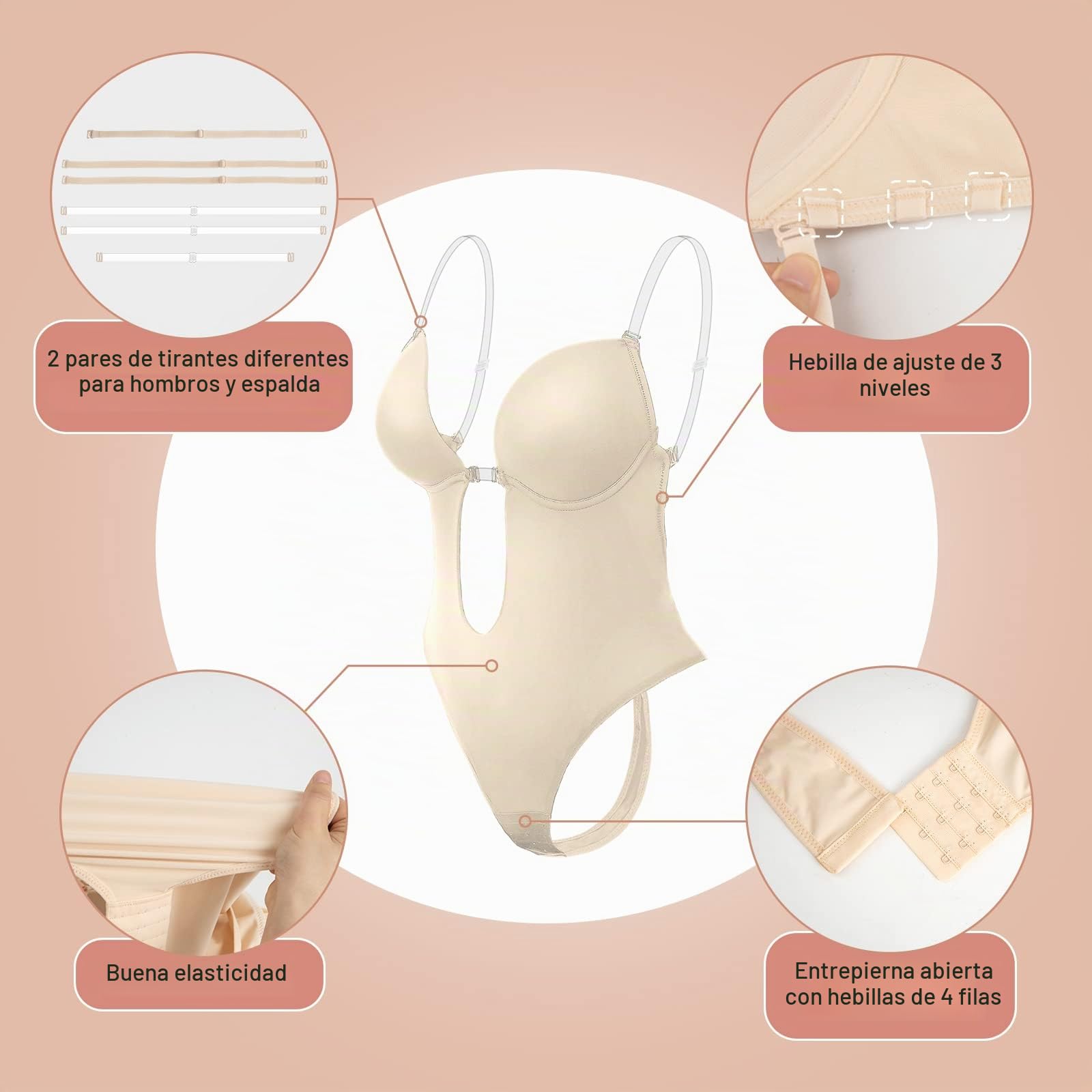 Bodi moldeador sin espalda para mujer, sujetador integrado, escote profundo, tanga con abertura, tallas grandes, uso diario
