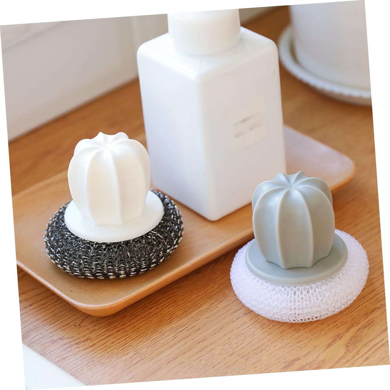 OFFSCH Cactus Design Pot Brush 2pcs Steel Ball Cleaning Brush Handle Non-slip Kitchen Sponge for Easy Cleaning Random