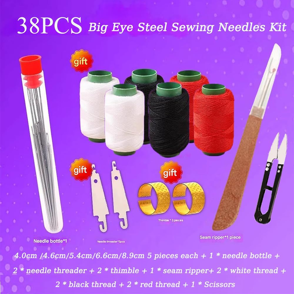 38PCS Big Eye Steel Sewing Needles Kit, Stainless Steel Needles for Hand Sewing, Embroidery Needles Needle and Thread Kit Sewing Kit, Portable DIY Hand Made Craft Set,for Handcraft Lovers (1 Set) - Image 6