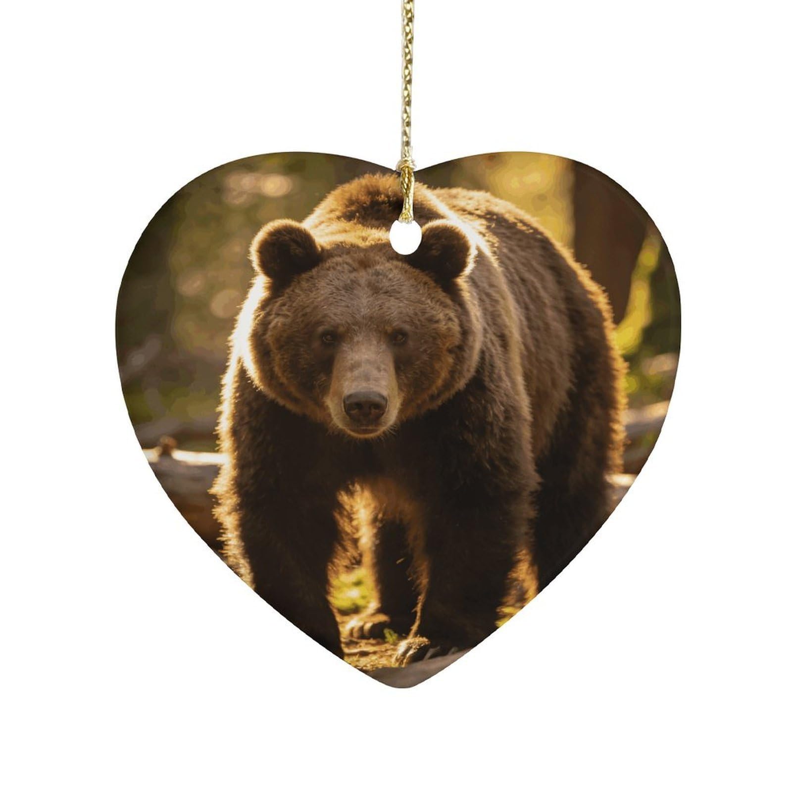 Khauerbc Style Brown Bearheart Shaped Ceramic Ornament With String,Ceramic Ornament,Two-Sided Printed For Christmas Tree And Holiday Decoration
