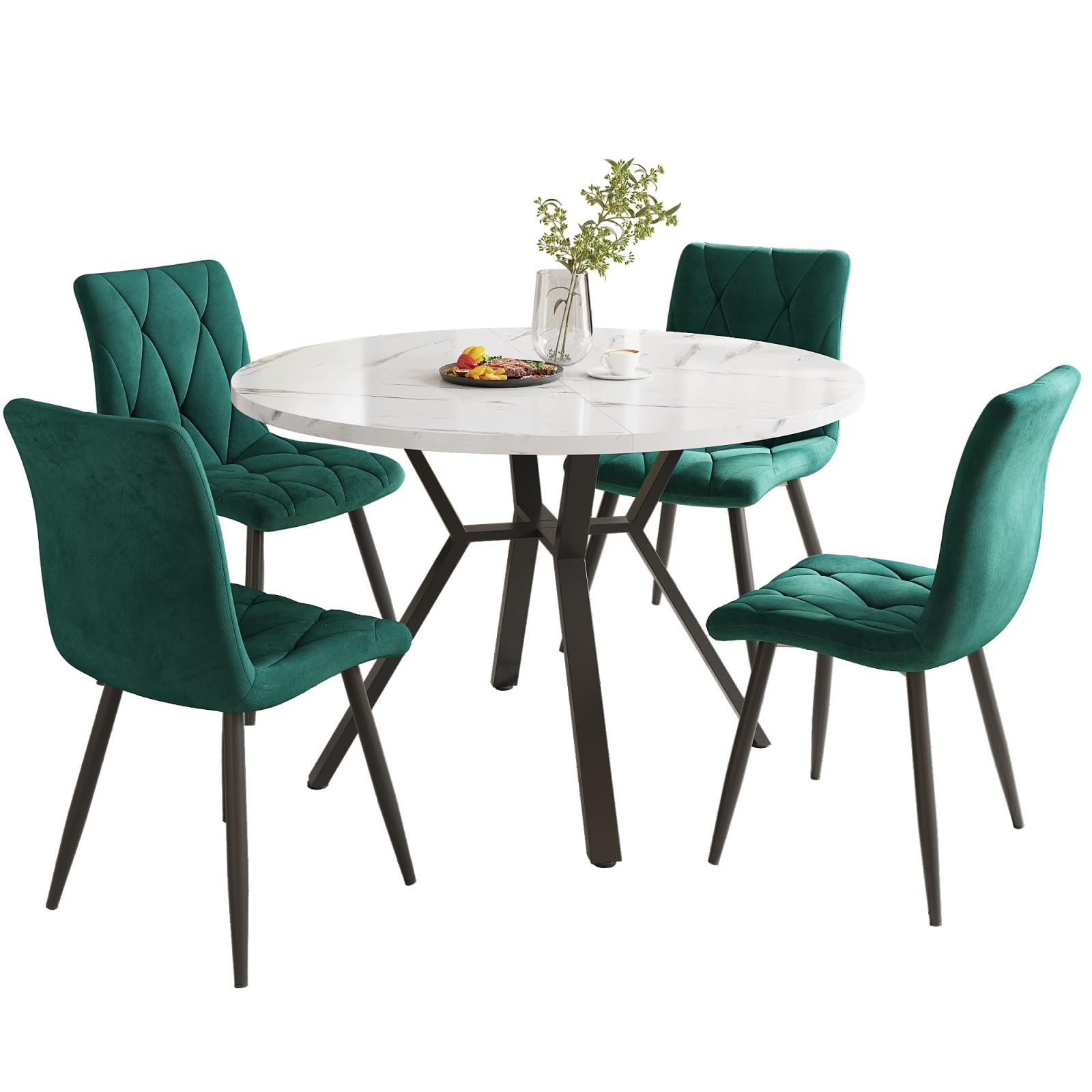 Ensemble Table et 4 Chaises Salle à Manger - Table Ronde MDF Marbre Pieds Métal, Chaises Velours Salon Dîner Moderne Noir+Beige