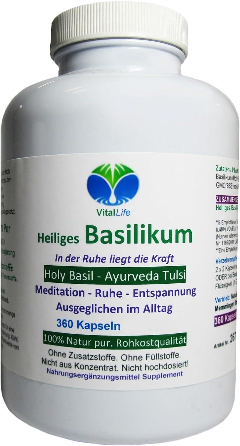 TULSIBASILIKUM 360 Kapseln Heiliges TULSI-BASILIKUM Holy-BASIL Ayurveda "indisches Königskraut" - Meditation Ruhe Entspannung - Ausgeglichen im Alltag. NATUR pur. OHNE ZUSATZSTOFFE. 26700-360