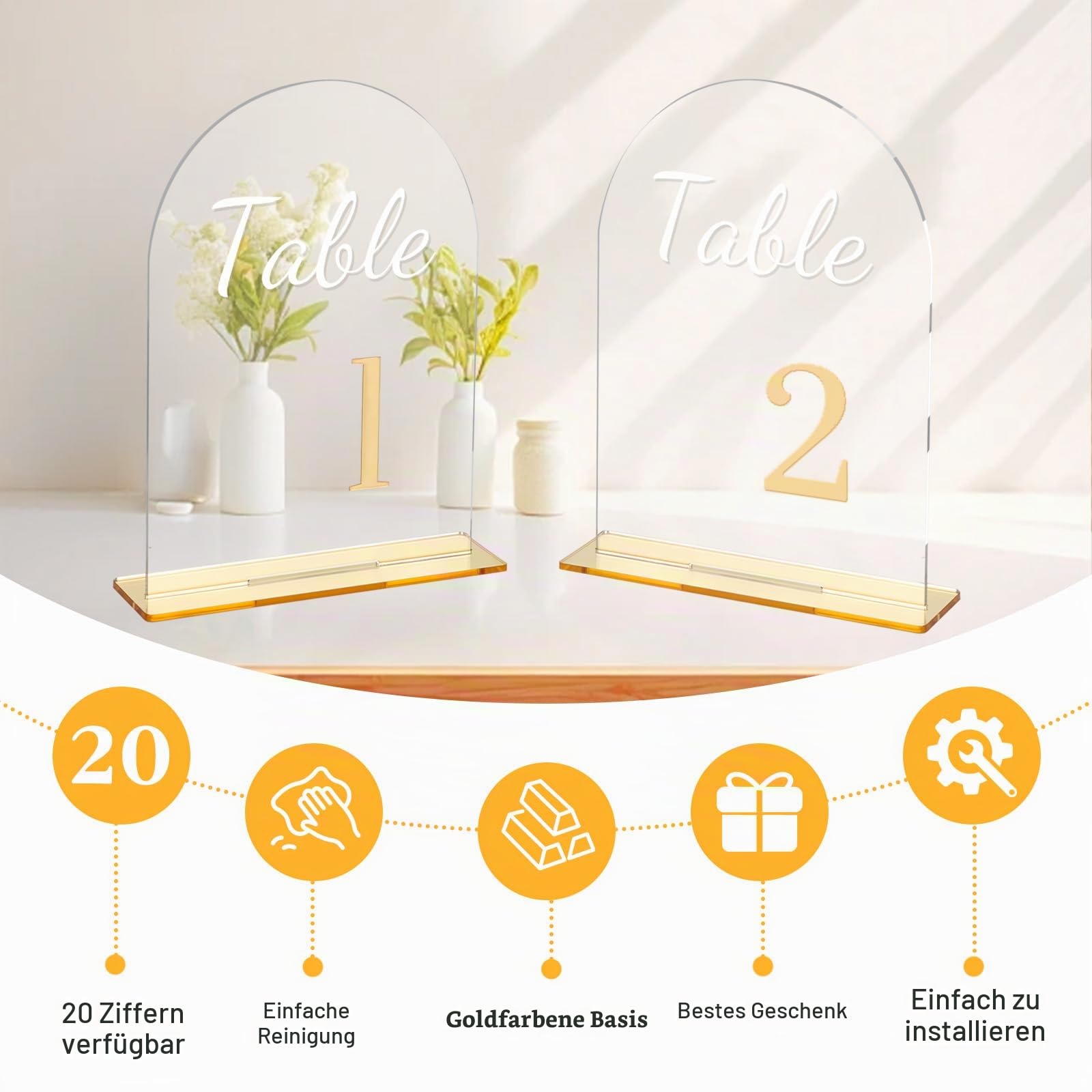 20er Set Hochzeit Tischnummern Acrylschilder, Transparentes Bogen Tischnummernschild mit Standfuß,1-20 Goldene Zahlen Tischnummern für Hochzeiten, Jubiläen, Partys