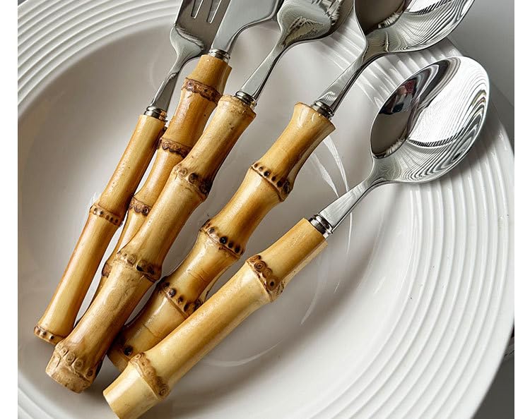 Juego de cubiertos de 5/20/30/40/50/60 piezas, mango de madera de bambú, cubiertos de acero inoxidable, cuchillo creativo para carne, tenedor, cuchara, tenedor, cuchara, tenedor, cuchara