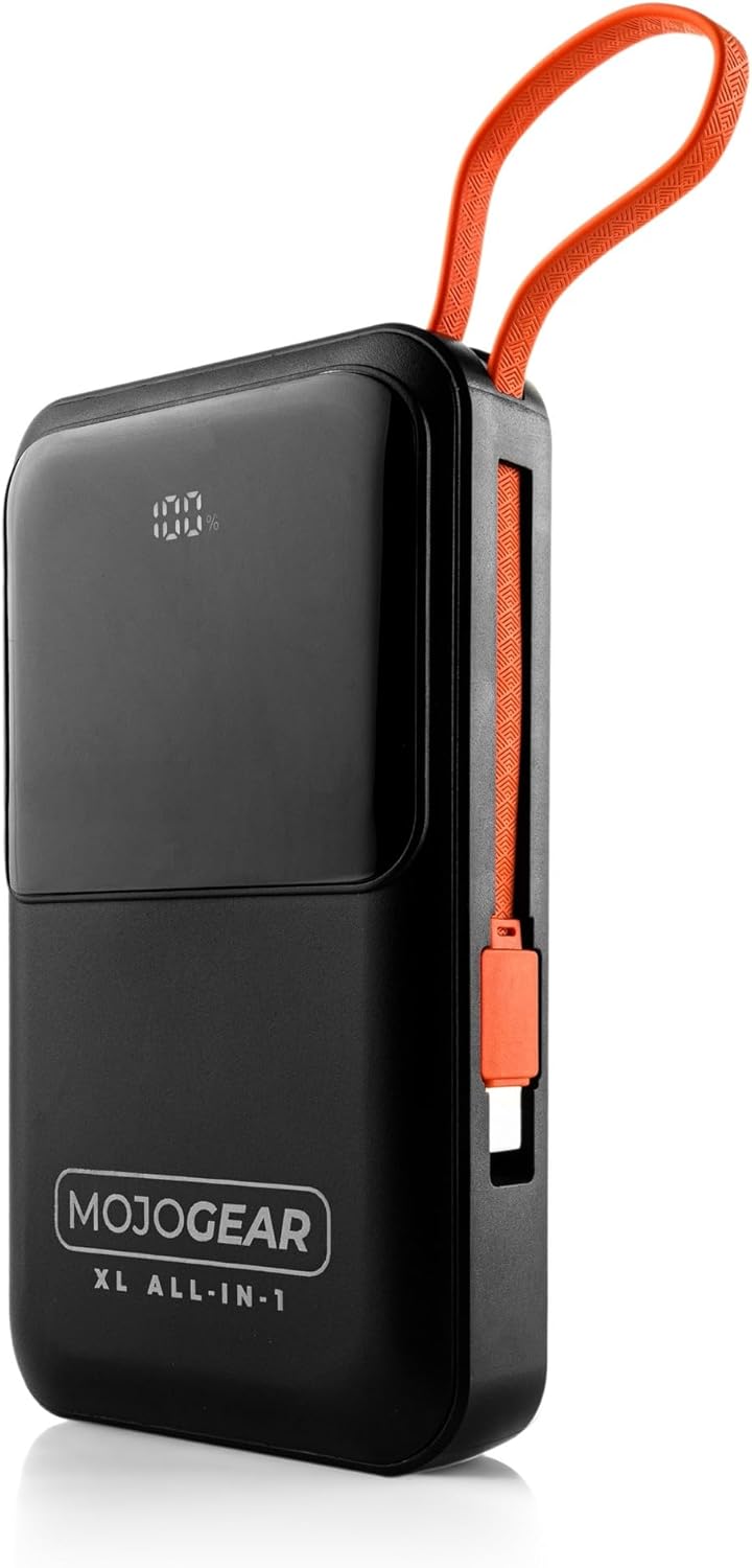 MOJOGEAR XL All-in-1 Powerbank with built-in cables neatly stored and a carrying loop