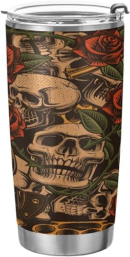 Miniatura 1 de MCHIVER Skulls Guns Roses - Vaso de viaje de 20 onzas, taza de café de acero inoxidable con doble pared, con tapa y popote aislado, sin BPA