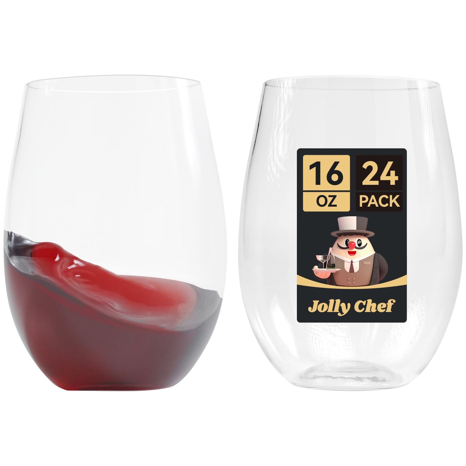 JOLLY CHEF 24 Pack 16oz Plastic Wine Glasses Stemless Disposable Wine Cups Premium Quality Recyclable Unbreakable Ideal for