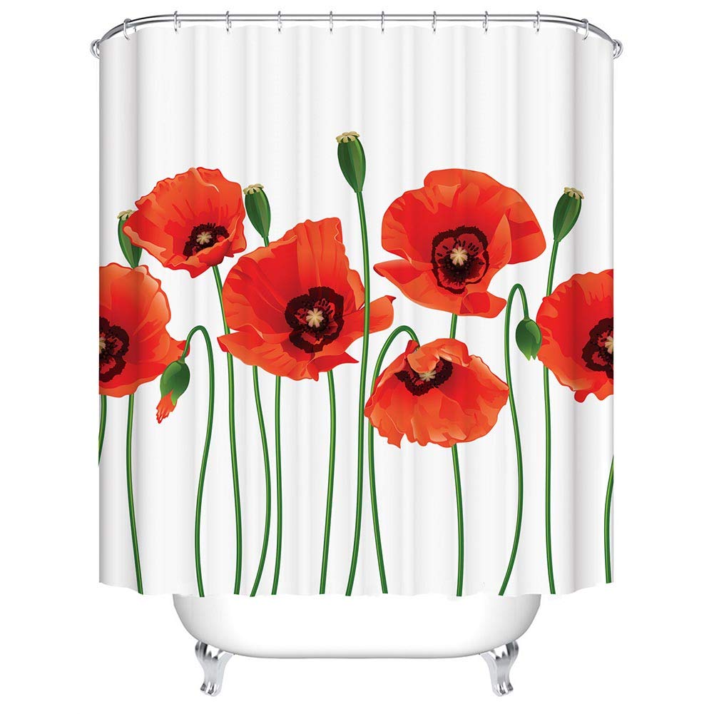 Boyouth Duschvorhänge für Badezimmer, rote Mohnblumen, lebendige Blütenblätter mit Knospen-Muster, Digitaldruck, Polyester, wasserdichter Stoff, mit 12 Haken, 180 x 180 cm, mehrfarbig