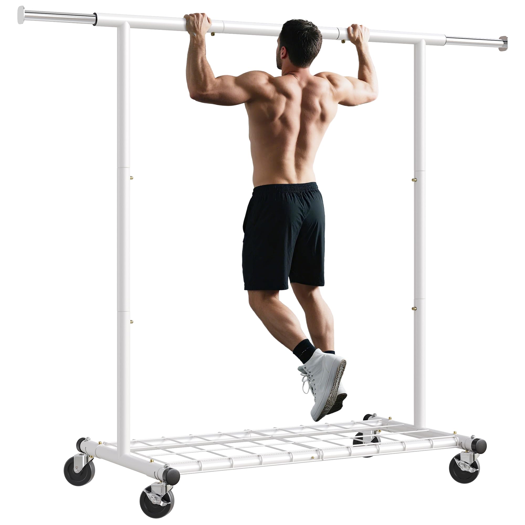 Raybee Clothing Rack for Hanging Clothes, Rolling Clothes Rack Load 250LBS, Metal Clothes Racks Collapsible, Clothing Rack with Wheels Portable, White