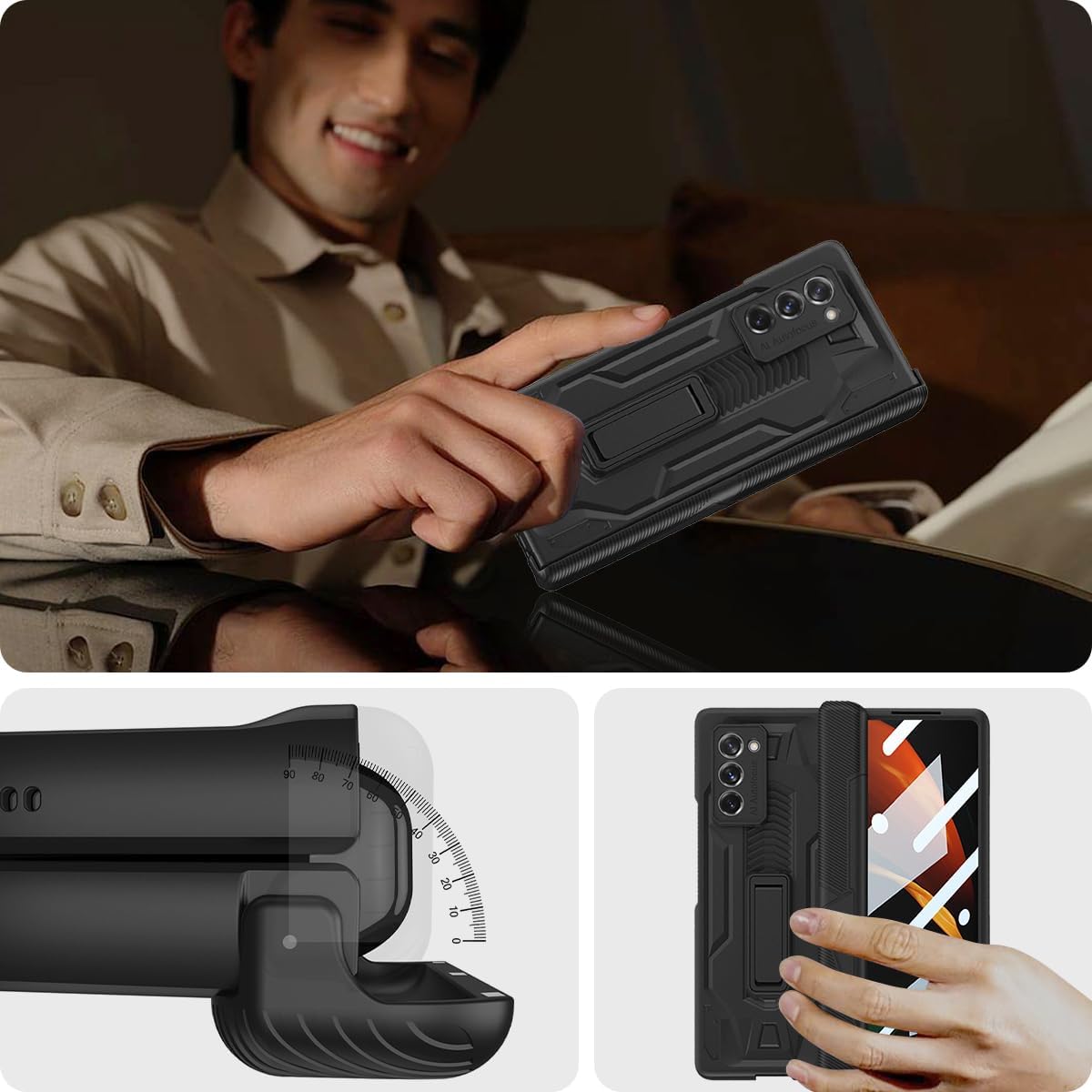 Miimall for Galaxy Z Fold 2 Case with Hinge Protection, High Transparency Screen Protector Magnetic Hinge Protector Adjustable Kickstand All-Inclusive Protective Case for Z Fold 2 - Black
