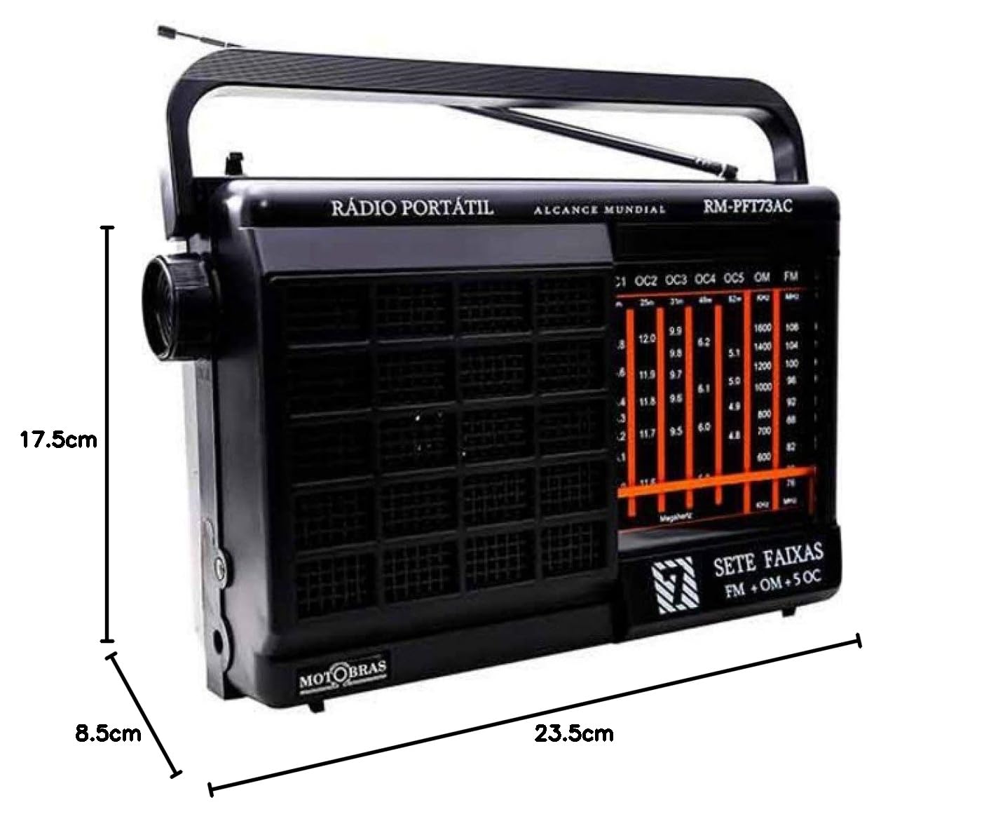 Rádio Portátil 7 Faixas AM/FM/OC Preto RM PFT 73AC - MotoBras