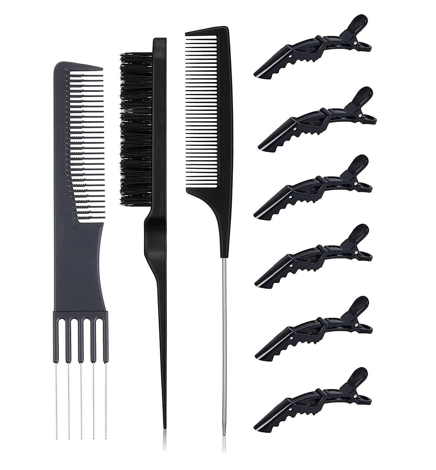 3 Pieces Teasing Combs Hair Brush Set Black Carbon Lift Teasing Comb with Metal Prong Triple Pin Rat Tail Comb Nylon Bristle Teasing Brush with 6 Pieces Alligator Hair Clips for Women Hair Salon Tools-image-26