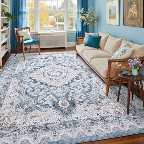 Image of Macgace 8x10 Area Rug for Bedroom, Machine Washable Rugs with Non-Slip Backing for Living Room, Large Vintage Carpet Kitchen Laundry Kids Room Decor, Blue & Beige