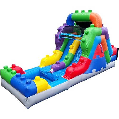 Herokiddo Block Party 12’ Tall Dual Lane Backload Inflatable Water Slide with Attached Pool, for Kids and Adults, Commercial Grade PVC Vinyl, Outdoor Backyard Fun, Blow Up Water Park, Blower Included