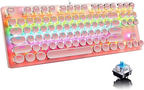 Teclado mecánico rosa para juegos, estilo retro punk de 87 teclas, interruptor azul, teclado retroiluminado RGB, anti-fantasma, cable USB, para PC,