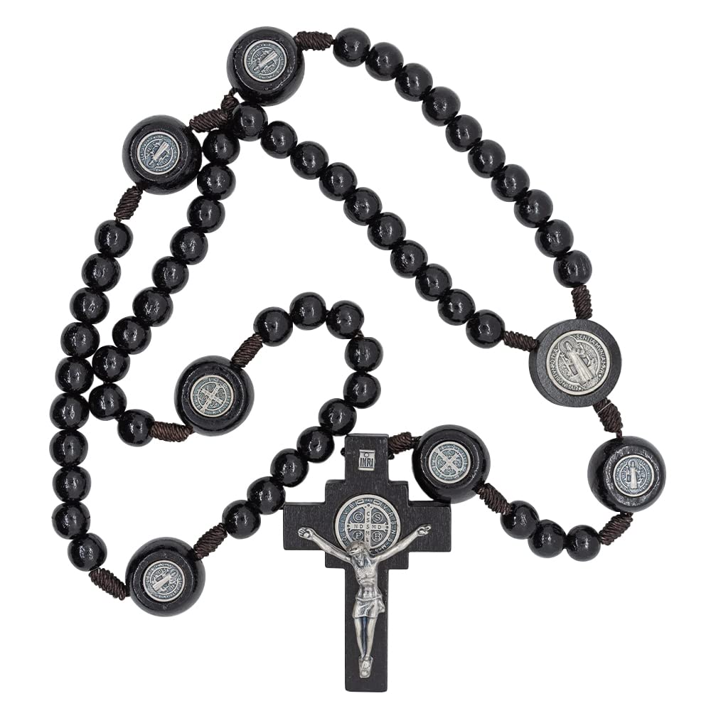 VILLAGE GIFT IMPORTERSSaint Benedict Rosary | Black Wooden Rosary and Silver-Tone Metal St. Benedict Medals | Patron Saint of Students and Europe | Great Catholic for First Communion and Confirmation