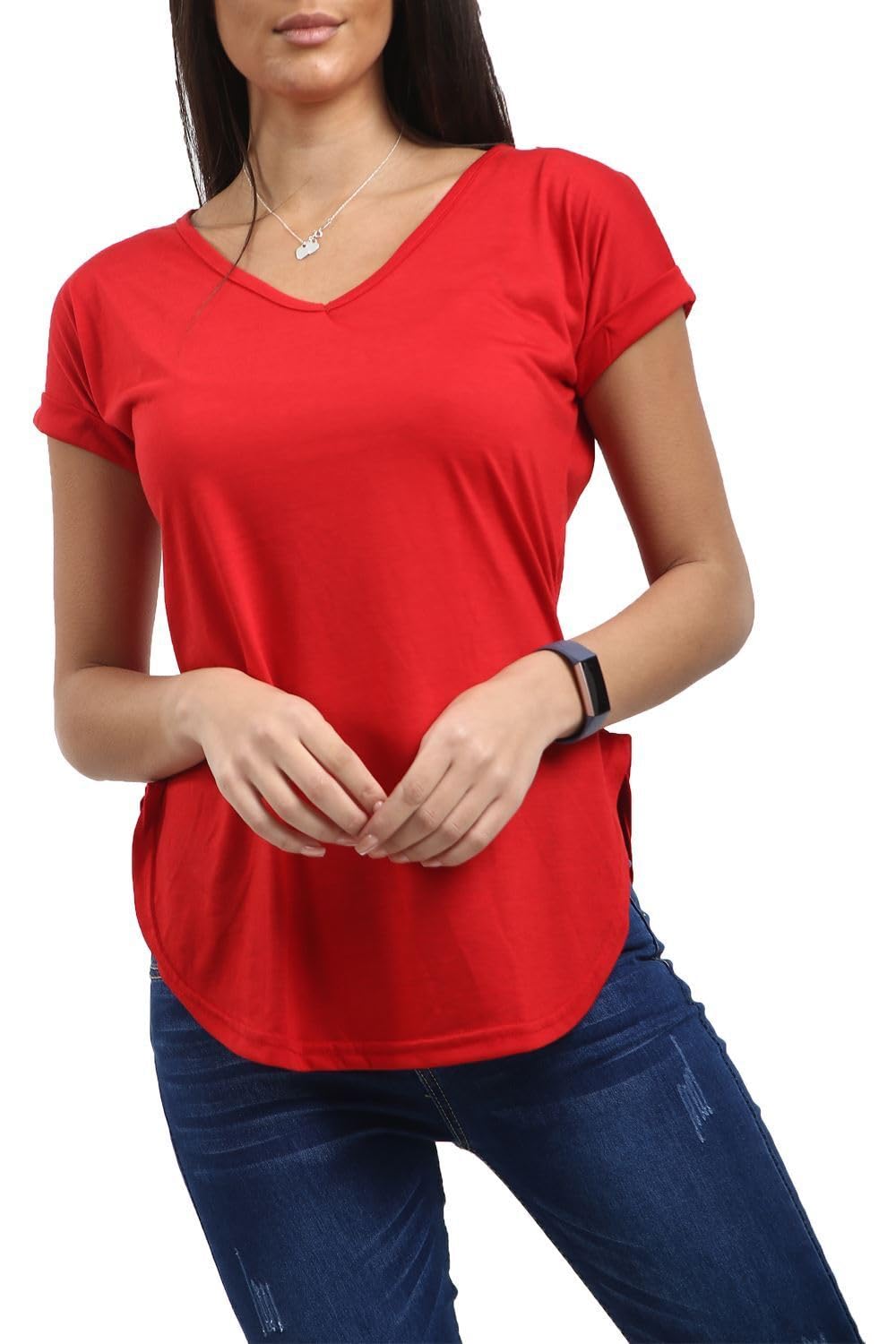 Shop Nova® WOMENS LADIES PLAIN V NECK CURVED HEM TURN UP SHORT SLEEVE JERSEY T SHIRT TOP