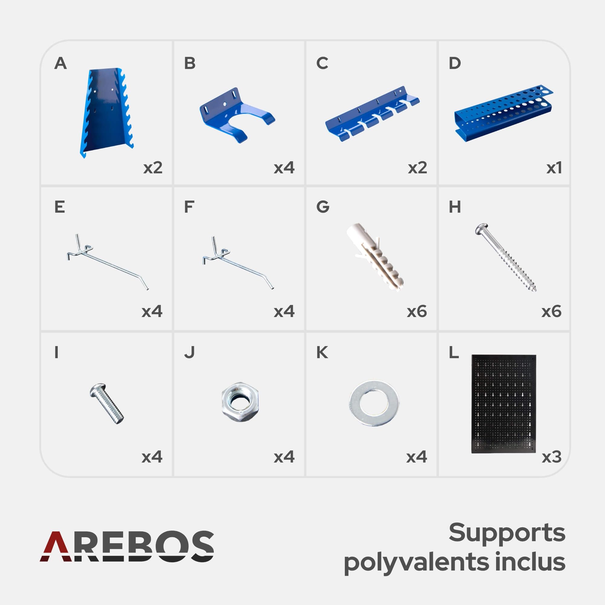 Arebos Paroi à outils en trois parties | Jeu de 17 crochets bleu | 117,6 x 59,5 x 2 cm | Paroi à outils perforée en métal + supports + matériel de montage