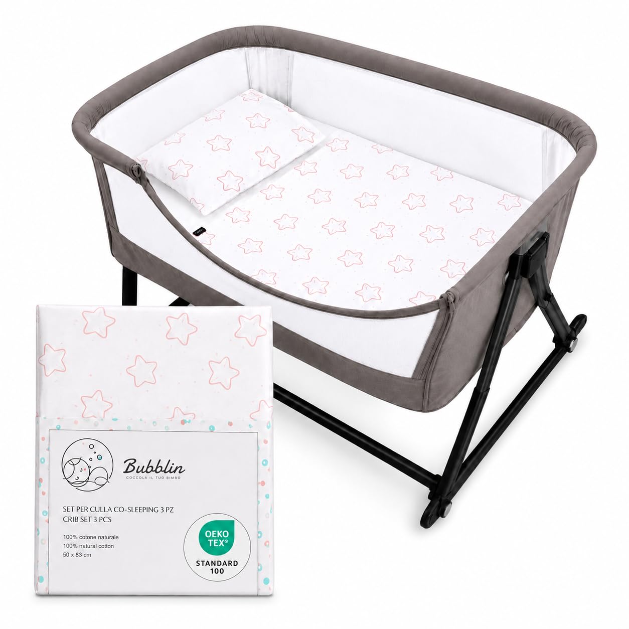 Bubblin Next to Me Compatible Sheets 83 x 50 cm Set of 3 Cushion Cover + Fitted Sheet + Fitted Sheet 100% Cotton OEKOTEX Cosleeping Next2Me (Star)