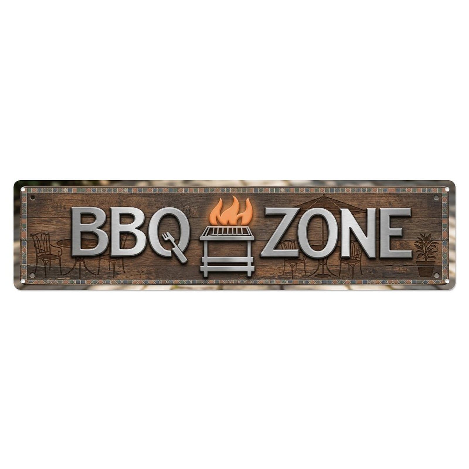 BBQ Zone Patio Place Metal Tin Skinny Sign Plaque Wall Decor for Cafe, Club Bar, Office, Home Garden Metal Poster 4x16Inch