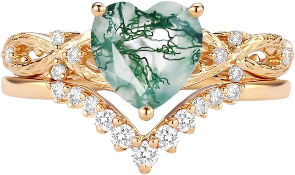 10K 14K 18K Black Gold Heart Cut Natural Moss Agate Wedding Ring Set 925 Sterling Silver 1-3 Carat Green Moss Agate Engagement Ring Set Bridal Ring Sets with Moissanite Free Engraving for Women 2pcs