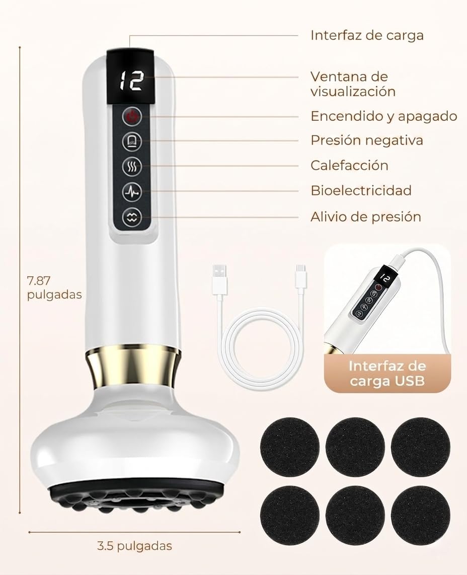 Masajeador Anticelulitico Reductor, Dispositivo de Masaje de Ventosas Eléctrico, 12 Niveles de Succión, Dispositivo de Ventosas Eléctricas para Abdomen, Cintura Brazos y Piernas (Blanco)